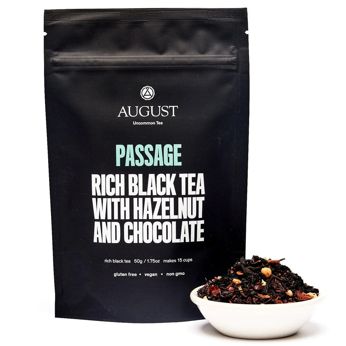 Bag of Passage Hazelnut Chocolate Black Tea by August Uncommon Tea, 15-cup black tea bag for brewing rich, nutty chocolate-flavored tea.