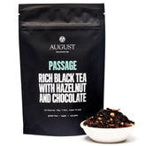 Bag of Passage Hazelnut Chocolate Black Tea by August Uncommon Tea, 15-cup black tea bag for brewing rich, nutty chocolate-flavored tea.