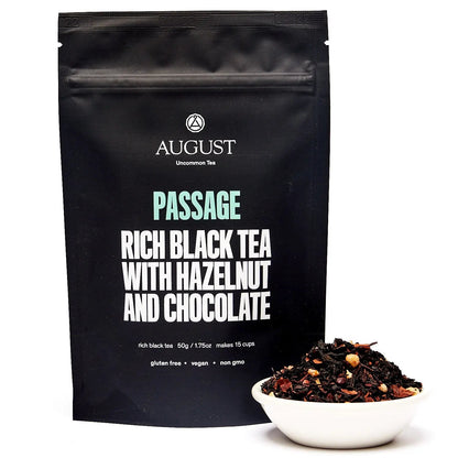 Bag of Passage Hazelnut Chocolate Black Tea by August Uncommon Tea, 15-cup black tea bag for brewing rich, nutty chocolate-flavored tea.