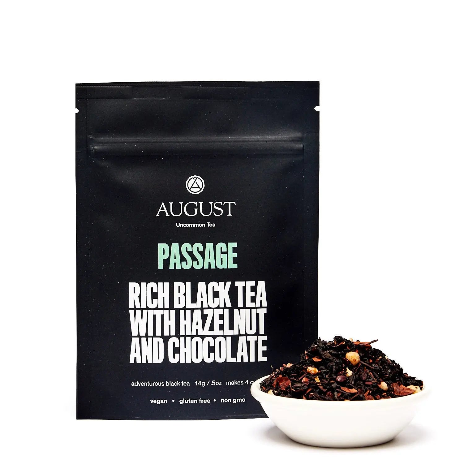 Four cups of Passage Hazelnut Chocolate Black Tea by August Uncommon Tea, showcasing the rich, dark brewed black tea with a hint of flavor.