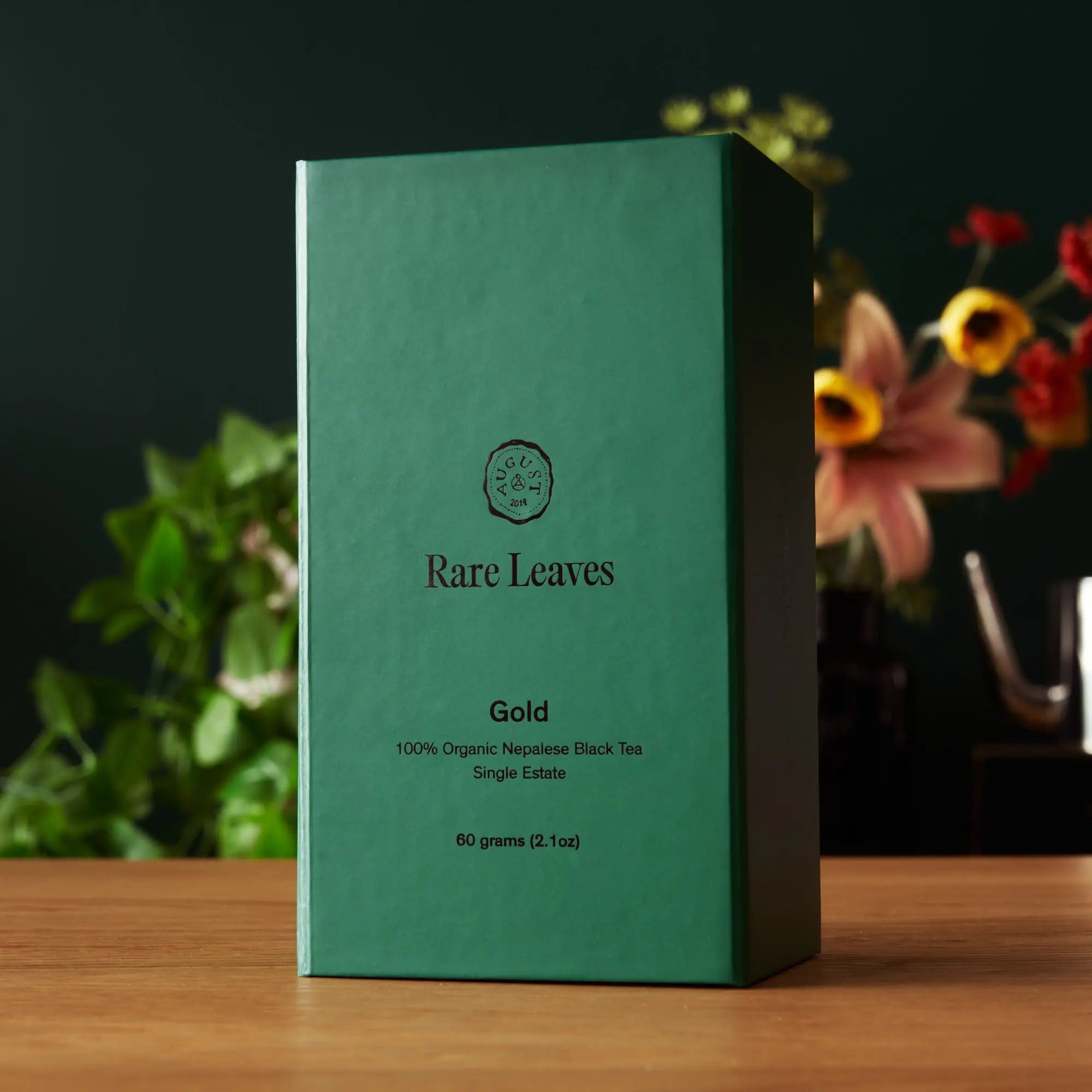 Single estate Nepalese black tea from August Uncommon Tea, featuring Rare Leaves Gold in a decorative box.