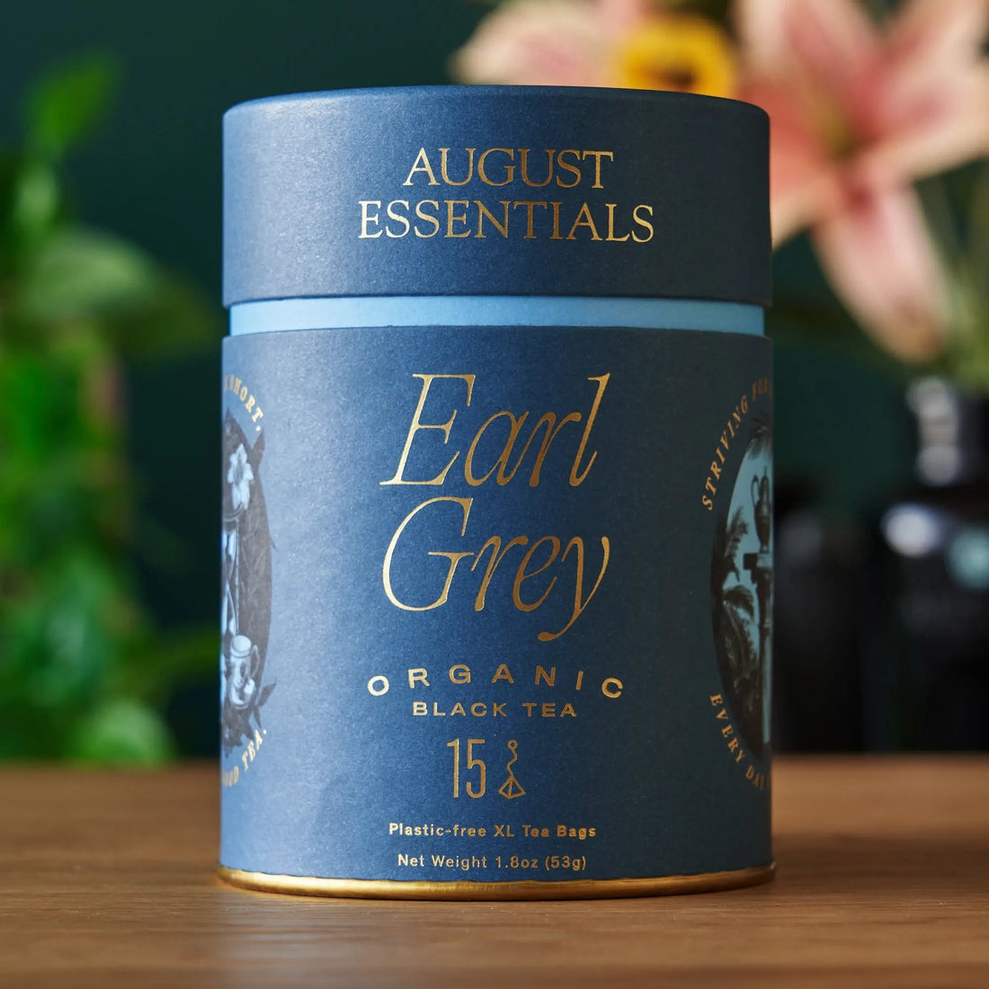 Essentials Earl Grey black tea bags by August Uncommon Tea, 15-pack, showcasing the tea packaging and tea bags inside.