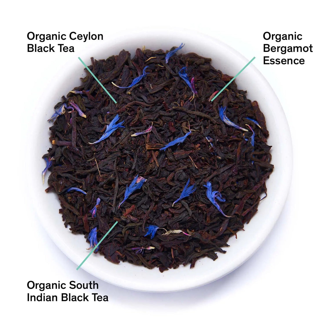 Essentials Earl Grey Black Tea leaves from August Uncommon Tea, showing dried tea leaves and bergamot orange oil.