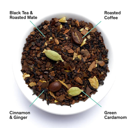 Dried spicy black tea leaves for Dirty Chai by August Uncommon Tea, featuring a rich, aromatic blend of chai spices and coffee notes.