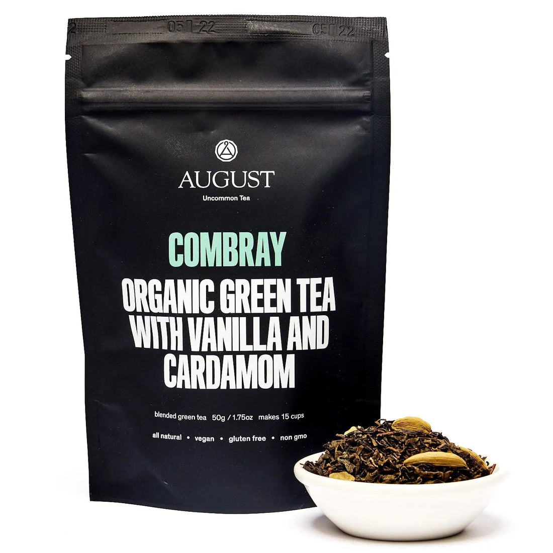 A 15-cup bag of August Uncommon Tea Combray Vanilla Cardamom Green Tea in a resealable package.