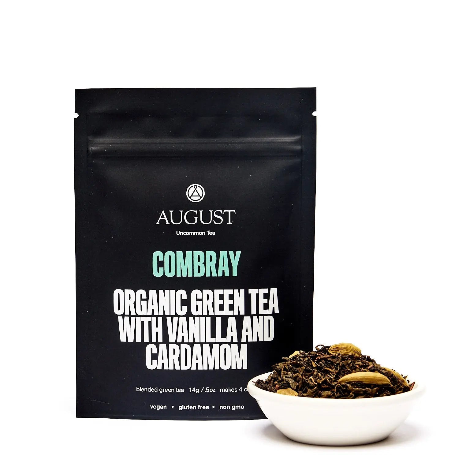 Four cups of Combray Vanilla Cardamom Green Tea from August Uncommon Tea, showcasing a vibrant green tea beverage in clear cups.
