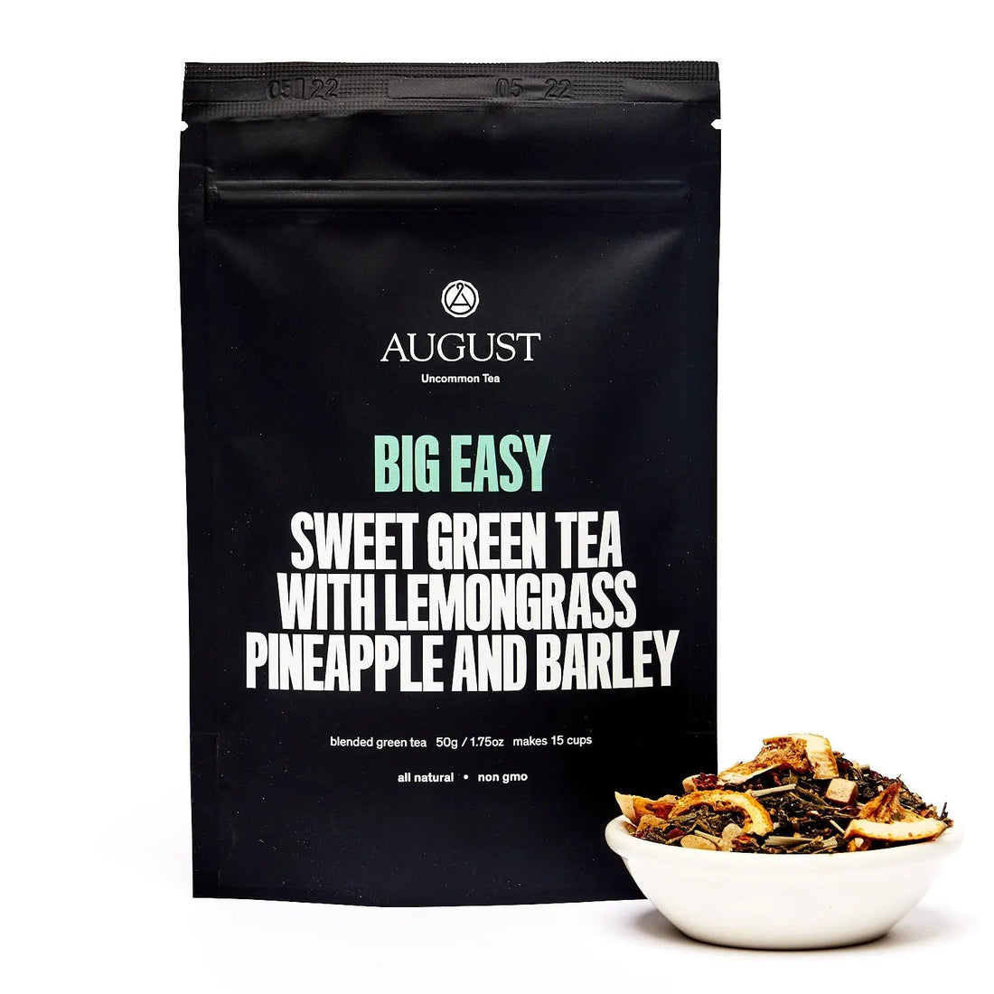 Big Easy Pineapple Caramel Green Tea in a 15-cup bag by August Uncommon Tea, showcasing fresh tea leaves and tropical flavor.