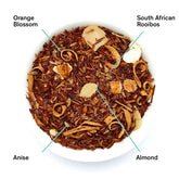 Biarritz Orange Amaretto Rooibos herbal tea leaves from August Uncommon Tea, caffeine-free tea blend with orange and amaretto flavor.