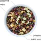 Herbal Capri honeydew melon mint tea by August Uncommon Tea in a clear glass cup with fresh mint leaves.