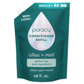 Puracy sulfate-free conditioner with silicone and dimethicone, featuring a pump bottle and creamy white formula.