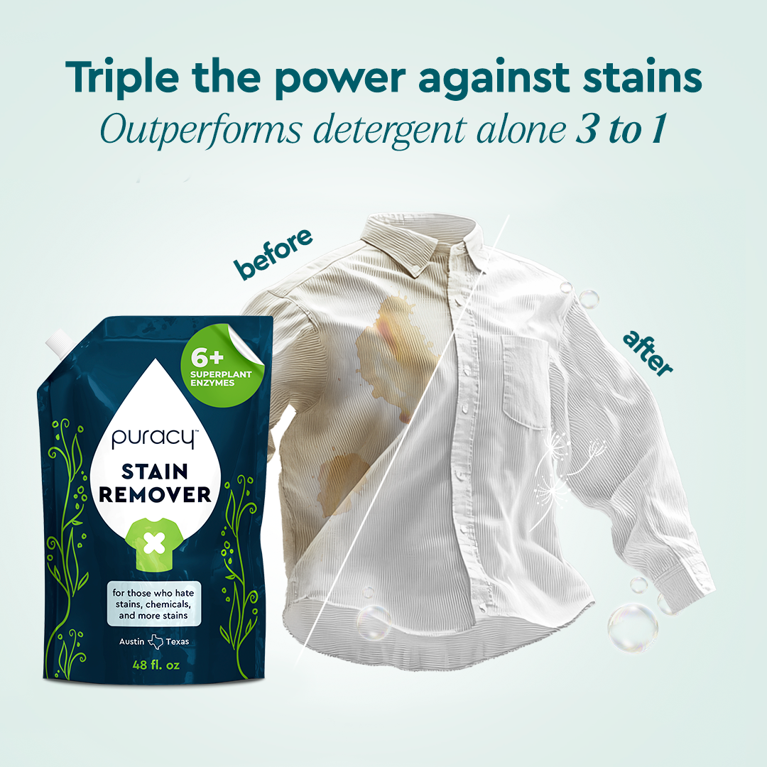 Puracy laundry stain remover bottle, effective stain removal solution for laundry, with the brand name visible on the packaging.