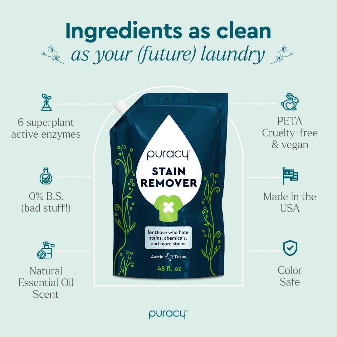 Puracy laundry stain remover bottle with a white and blue label, designed for removing tough stains from clothing.