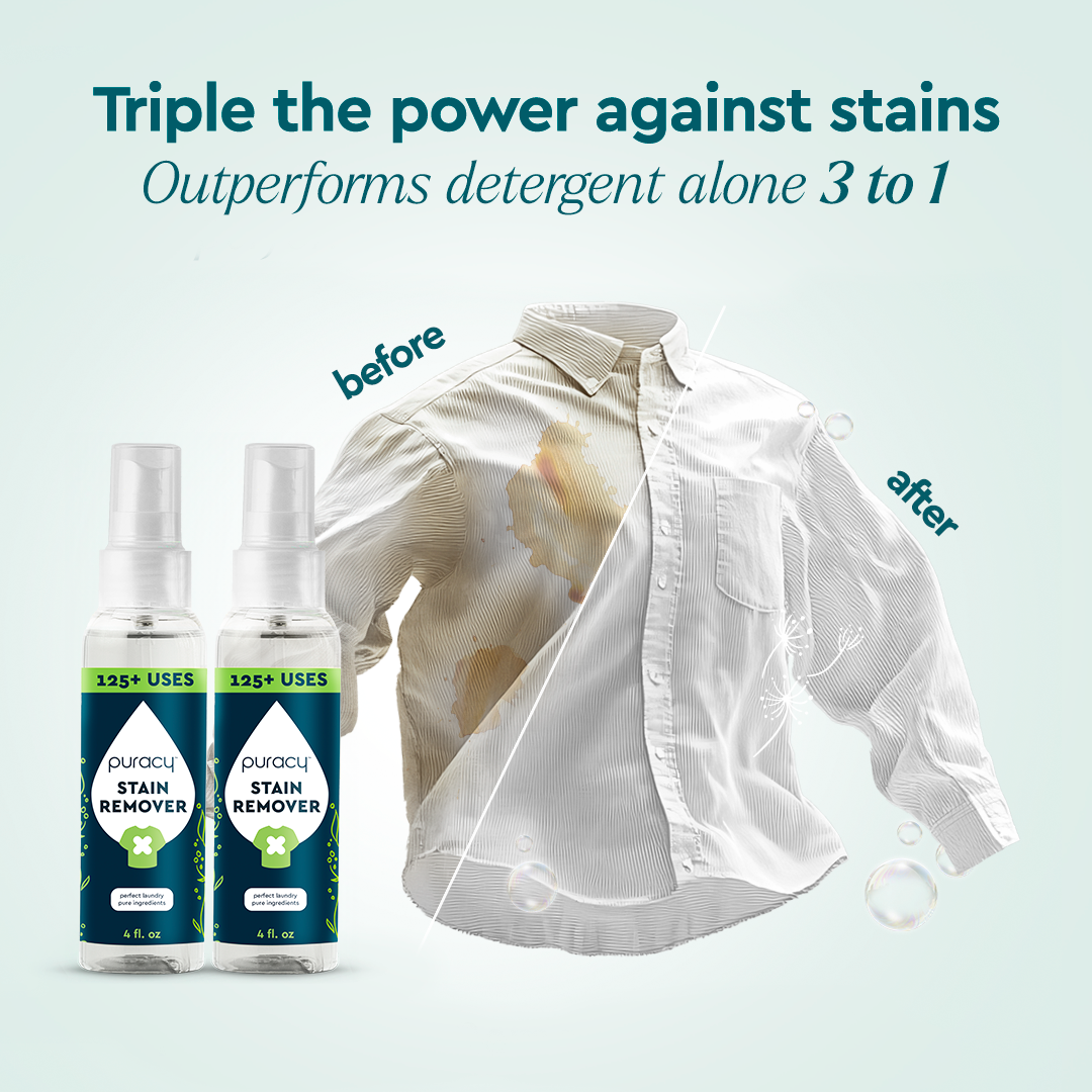Puracy Laundry Stain Remover bottle with applicator tip, designed to eliminate tough stains from clothing and fabrics.