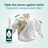 Puracy Laundry Stain Remover bottle with stain removal spray on a white background, highlighting its cleaning effectiveness.