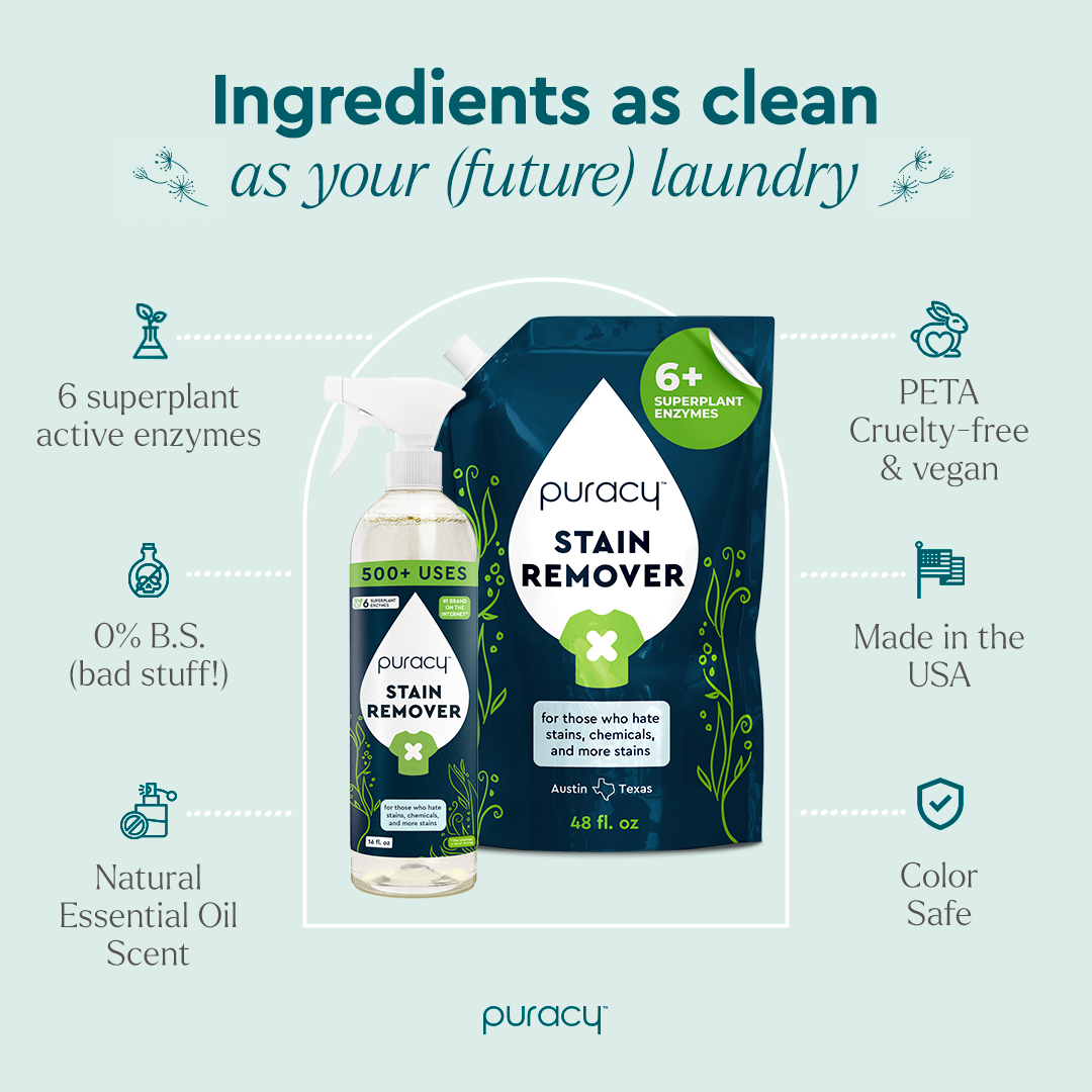 Puracy Laundry Stain Remover bottle, 48oz, showing the stain remover product with label and cap on a white background.