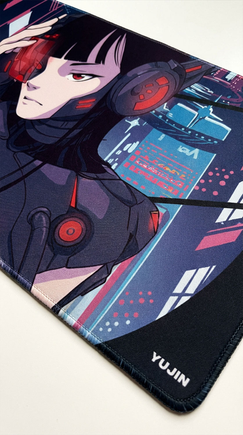 Cyberpunk Girl gaming mouse pad featuring vibrant cyberpunk artwork, perfect for gaming setups by Yūjin Clothing.