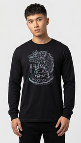 Yūjin Clothing Dragon Legend long sleeve T-shirt featuring a detailed dragon graphic on black fabric.