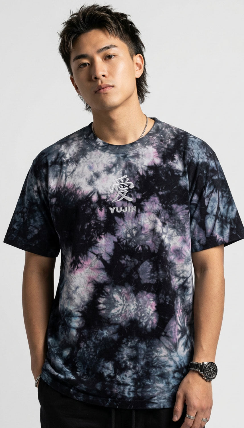 Japanese Love Tie-Dye T-Shirt by Yūjin Clothing featuring vibrant, swirling tie-dye patterns on a casual T-shirt.