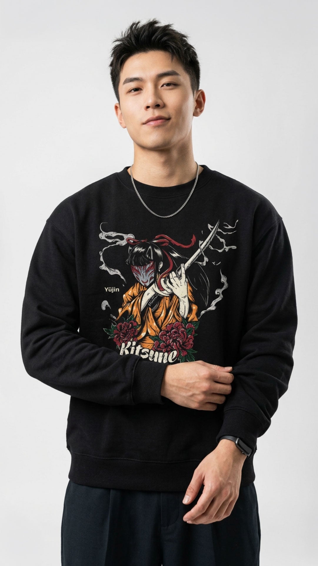 Yūjin Clothing Kitsune sweatshirt featuring a fox design, soft fabric, and casual fit, perfect for comfortable everyday wear.