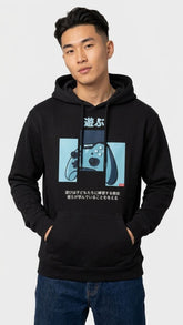 Yūjin Clothing Game Over hoodie featuring bold graphic design and comfortable fit in black fabric.
