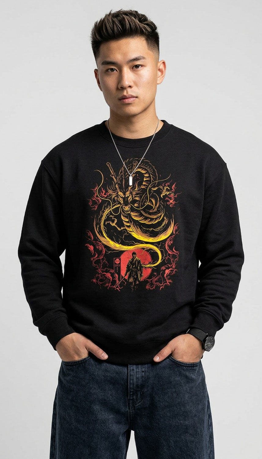 Yūjin Clothing Dragon Guidance sweatshirt featuring a detailed dragon graphic on soft, comfortable fabric for casual wear.
