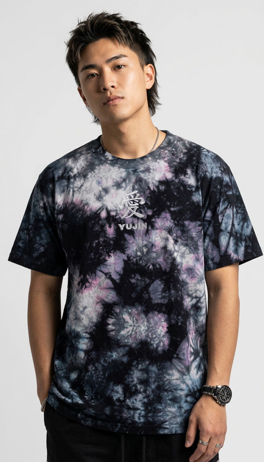 Yūjin Clothing Amor tie-dye T-shirt featuring vibrant, colorful swirl pattern and comfortable casual fit.