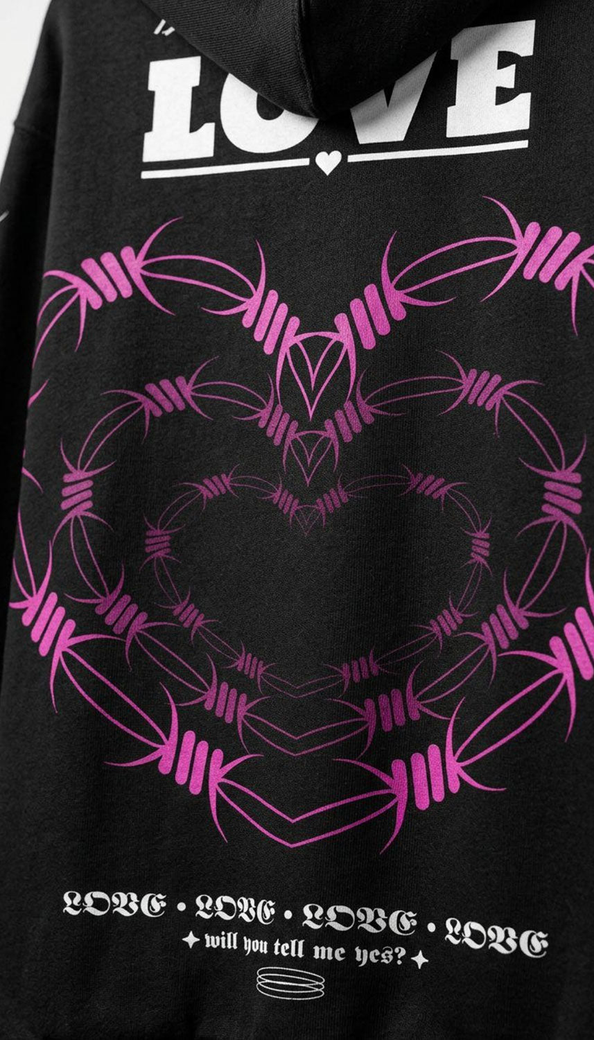 Yūjin Clothing Love Hoodie featuring a cozy design with a heart graphic, soft fabric, and casual fit for everyday wear.