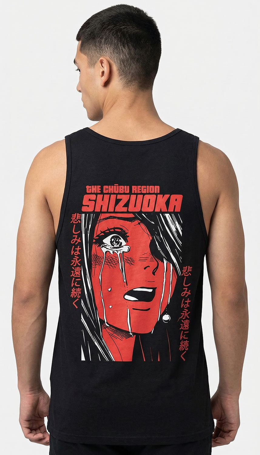 Yūjin Clothing Shizuoka Tank Top displayed on a hanger, featuring a casual sleeveless design in soft fabric.