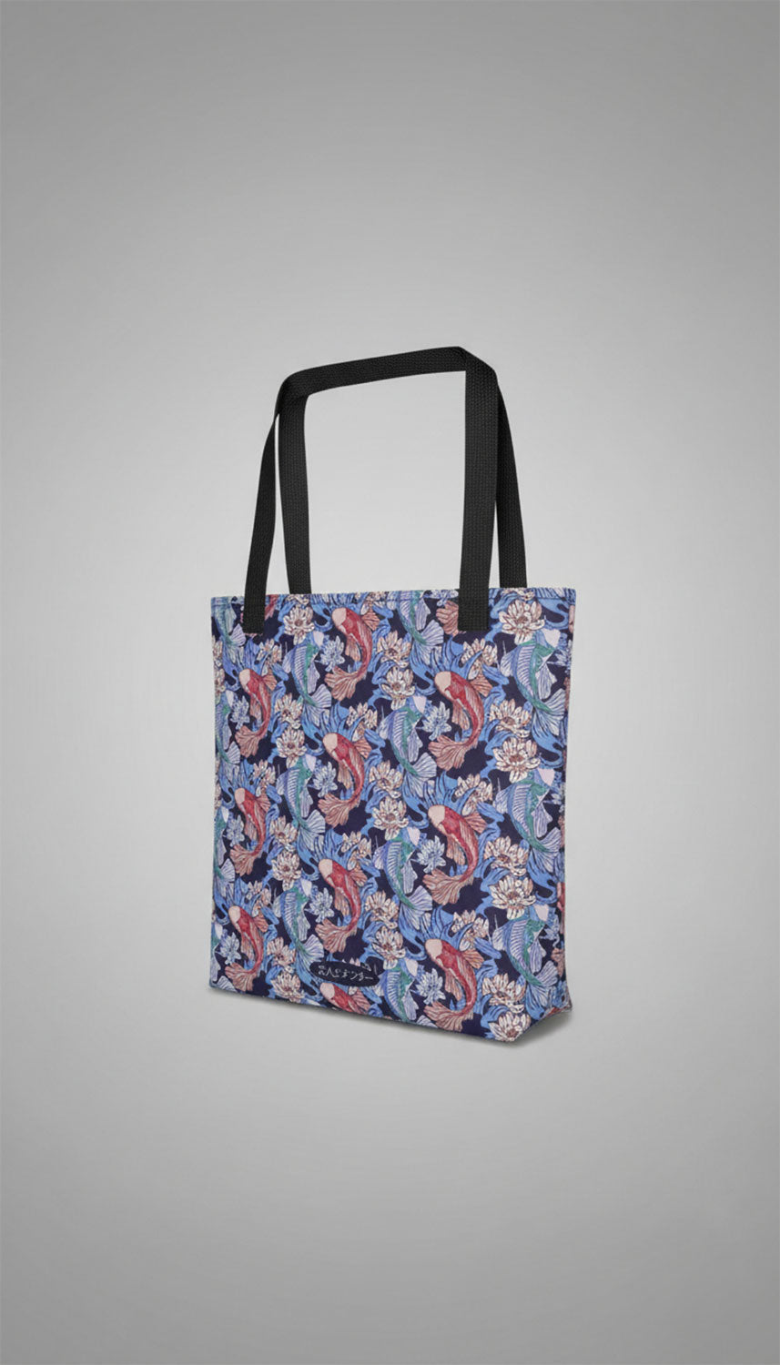 Yūjin Clothing koi fish tote bag featuring a vibrant koi fish design on durable fabric, perfect for everyday use.