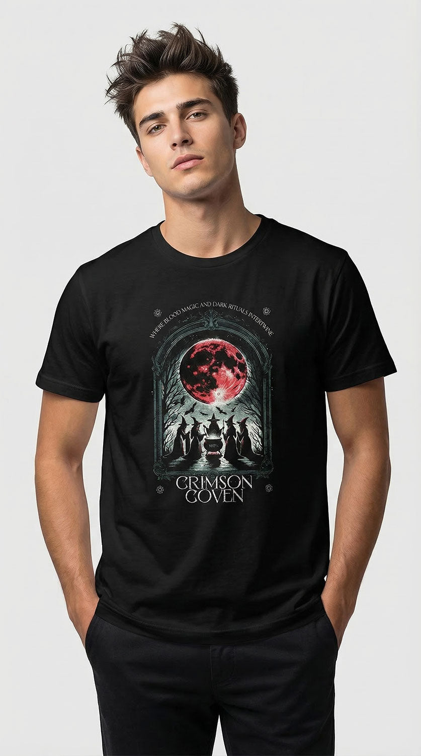 Crimson Coven T-Shirt by Yūjin Clothing featuring a dark, mystical design with a crimson and black color scheme on soft cotton fabric.