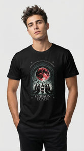 Crimson Coven T-Shirt by Yūjin Clothing featuring a dark, mystical design with a crimson and black color scheme on soft cotton fabric.