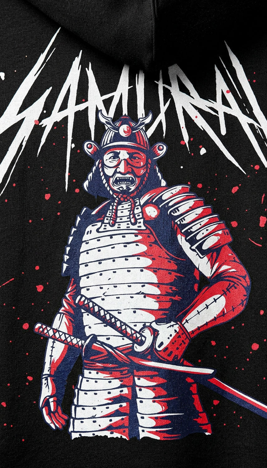 Yūjin Clothing Samurai Hoodie featuring a bold samurai graphic printed on a comfortable hoodie for stylish casual wear.