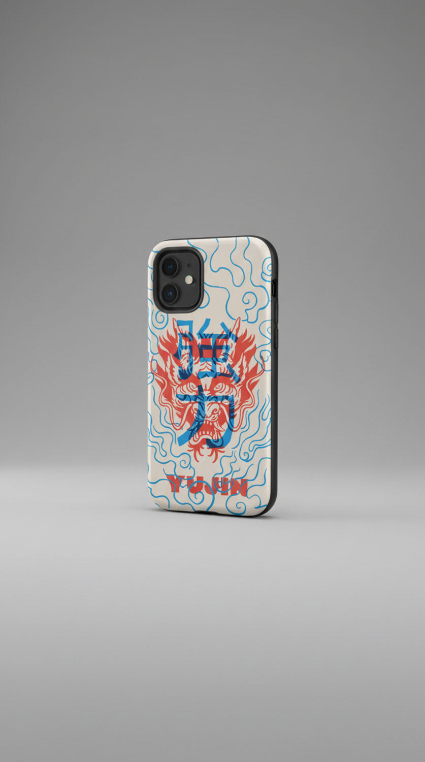 Dragon Vibe Tough iPhone case by Yūjin Clothing featuring a bold dragon design and rugged protective build for iPhone models.