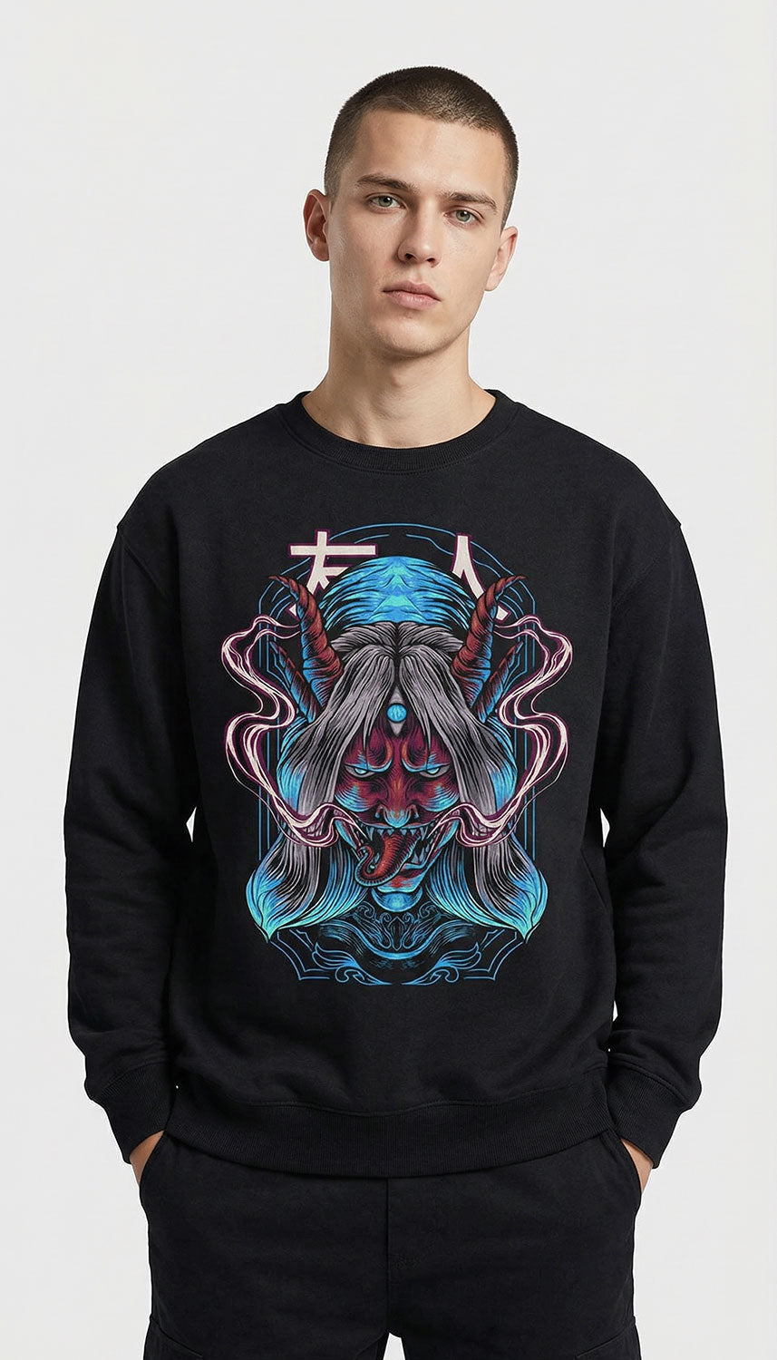 Yūjin Clothing possessed sweatshirt featuring a black hoodie with a bold graphic design on front and comfortable fabric.