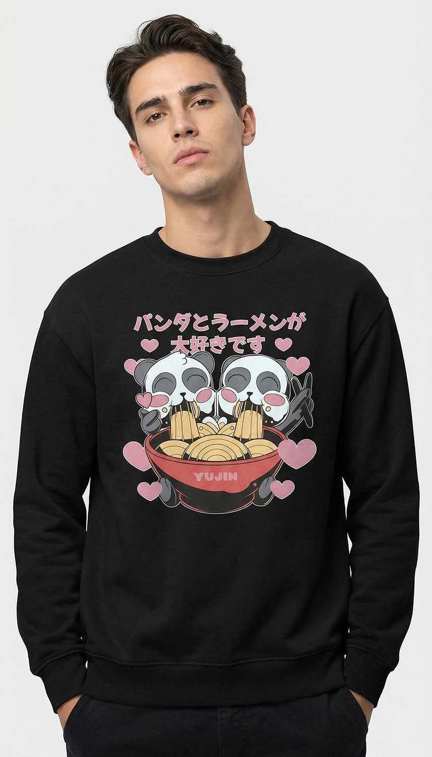 Yūjin Clothing cute ramen pandas sweatshirt featuring a cozy, graphic design with panda and ramen motifs on soft fabric