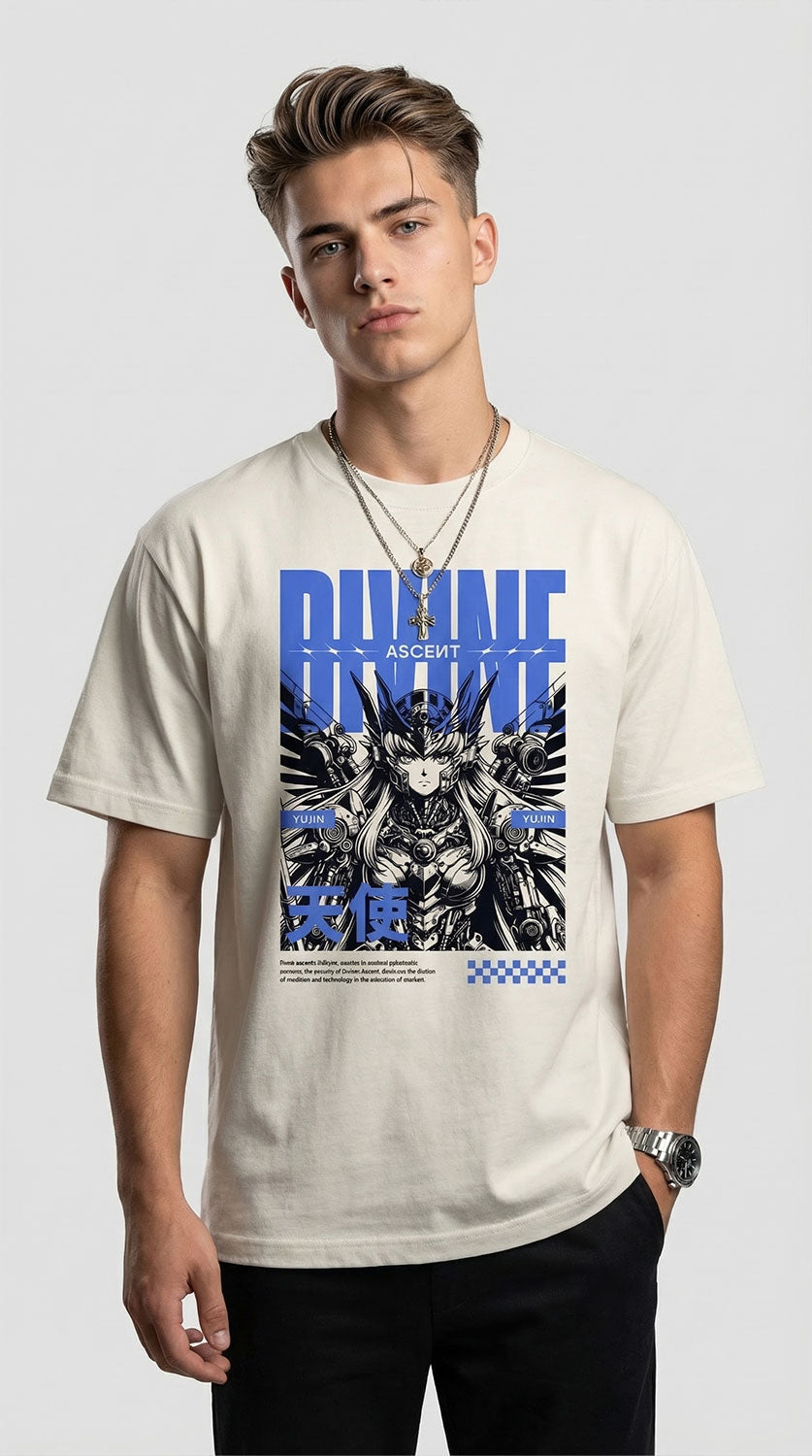Yūjin Clothing Divine Ascent oversized faded T-shirt with relaxed fit and distressed design, featuring a casual, vintage-inspired style.
