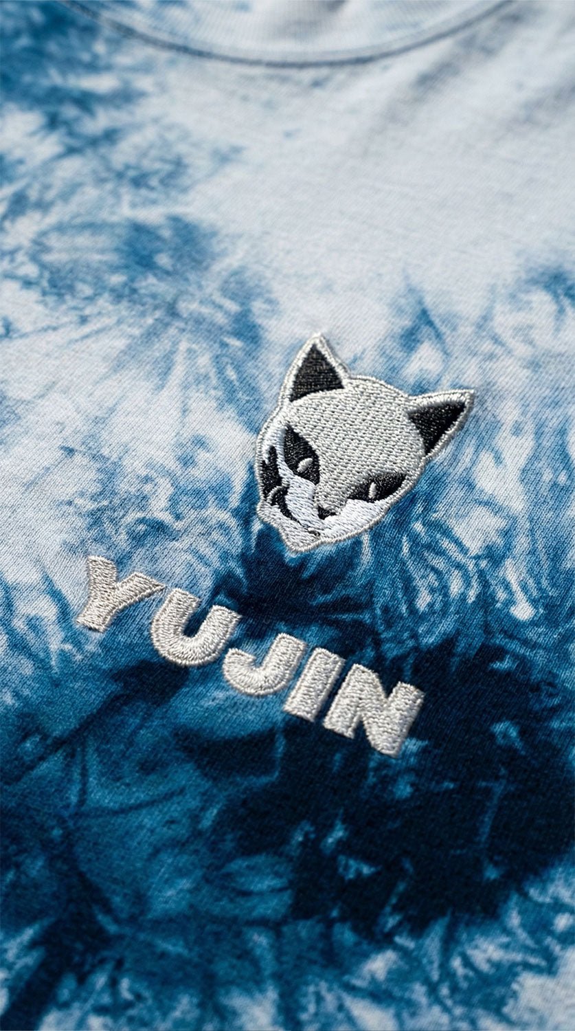 Yūjin Clothing Kitsune Mask tie-dye T-shirt featuring a colorful fox face design on soft, casual fabric.