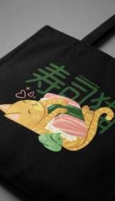 Cute Sushi Cat eco tote bag by Yūjin Clothing featuring a playful sushi and cat design, made from durable, eco-friendly materials.
