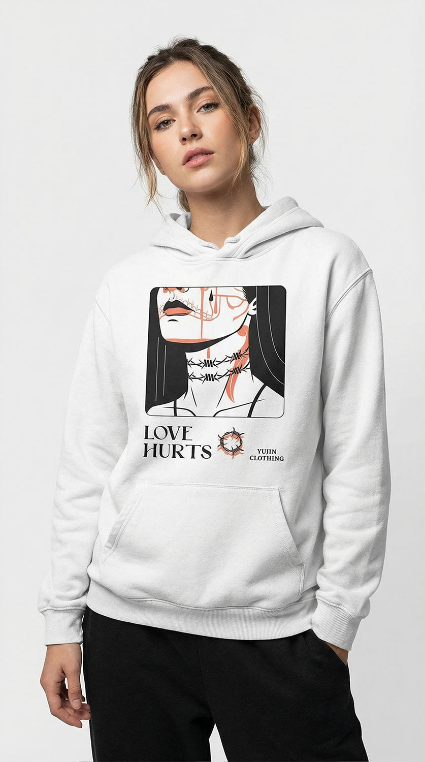 Yūjin Clothing Love Hurts hoodie featuring a graphic print, soft fabric, and casual fit, perfect for comfortable streetwear style.