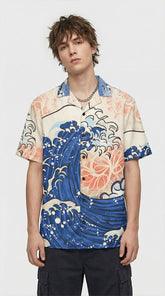 Yūjin Clothing Japanese Wave T-Shirt featuring a bold blue wave design on soft fabric, perfect for casual wear.
