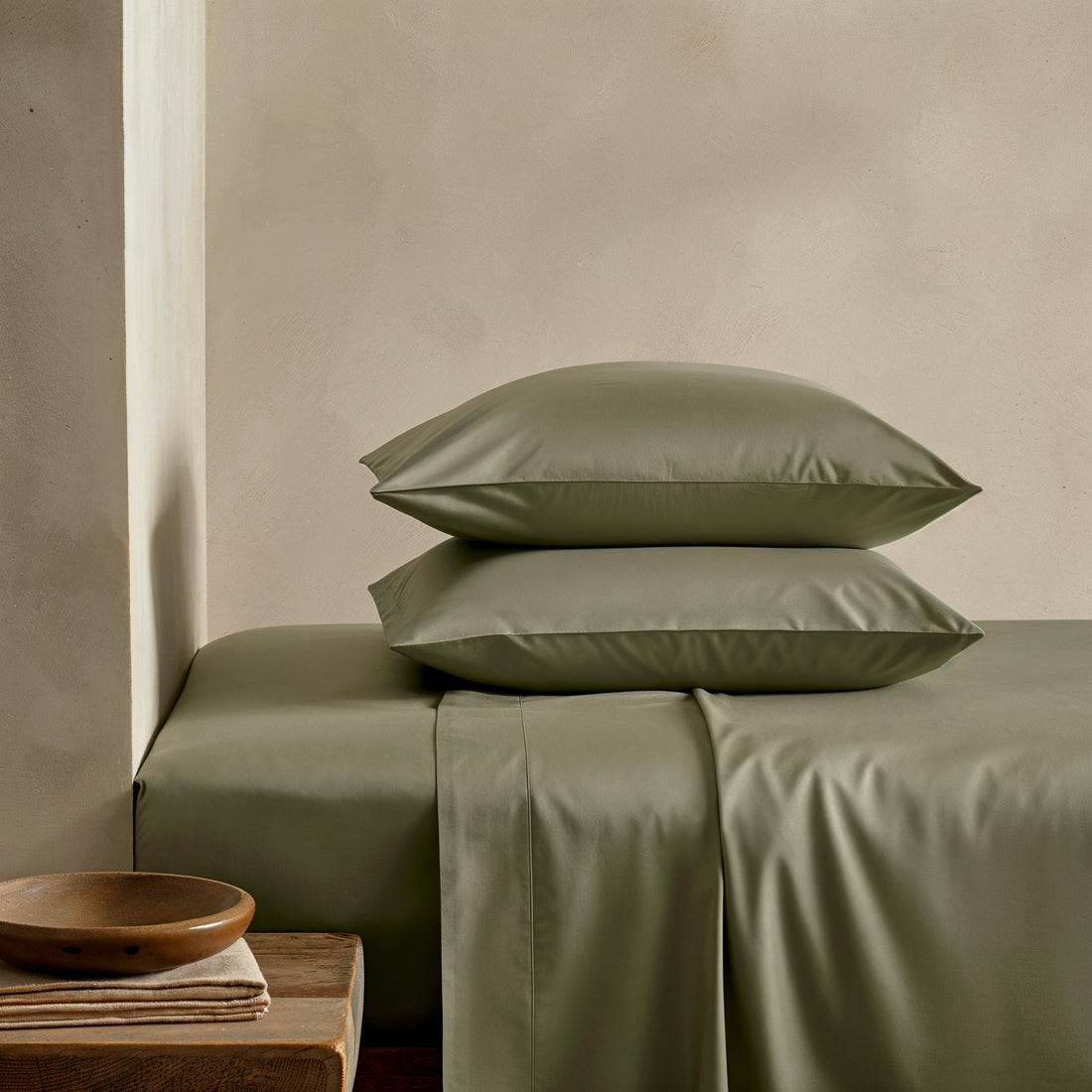 Elegant Luxe Australian Sateen Sheet Set by Italic, showing smooth, silky bed sheets in a cozy bedroom setting.