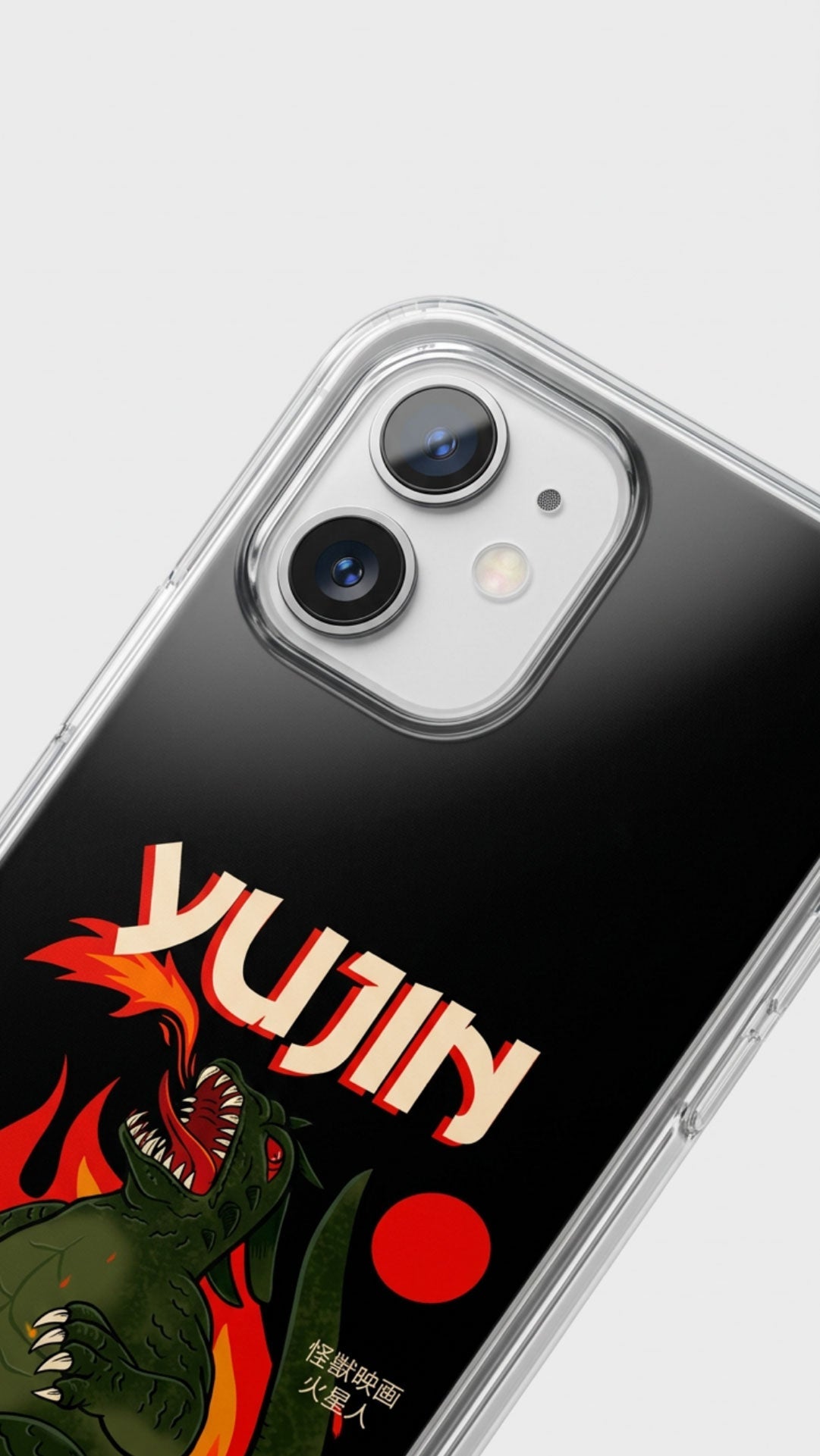Yūjin Clothing Fire Flame iPhone case with vibrant flame design protecting an iPhone 13 or 14 model.