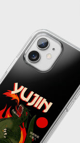 Yūjin Clothing Fire Flame iPhone case with vibrant flame design protecting an iPhone 13 or 14 model.
