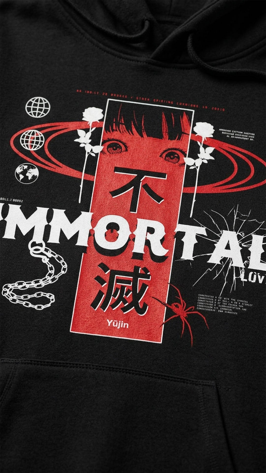 Yūjin Clothing Immortal Love hoodie featuring a stylish design with a comfortable fit and soft fabric in black color.