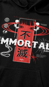 Yūjin Clothing Immortal Love hoodie featuring a stylish design with a comfortable fit and soft fabric in black color.
