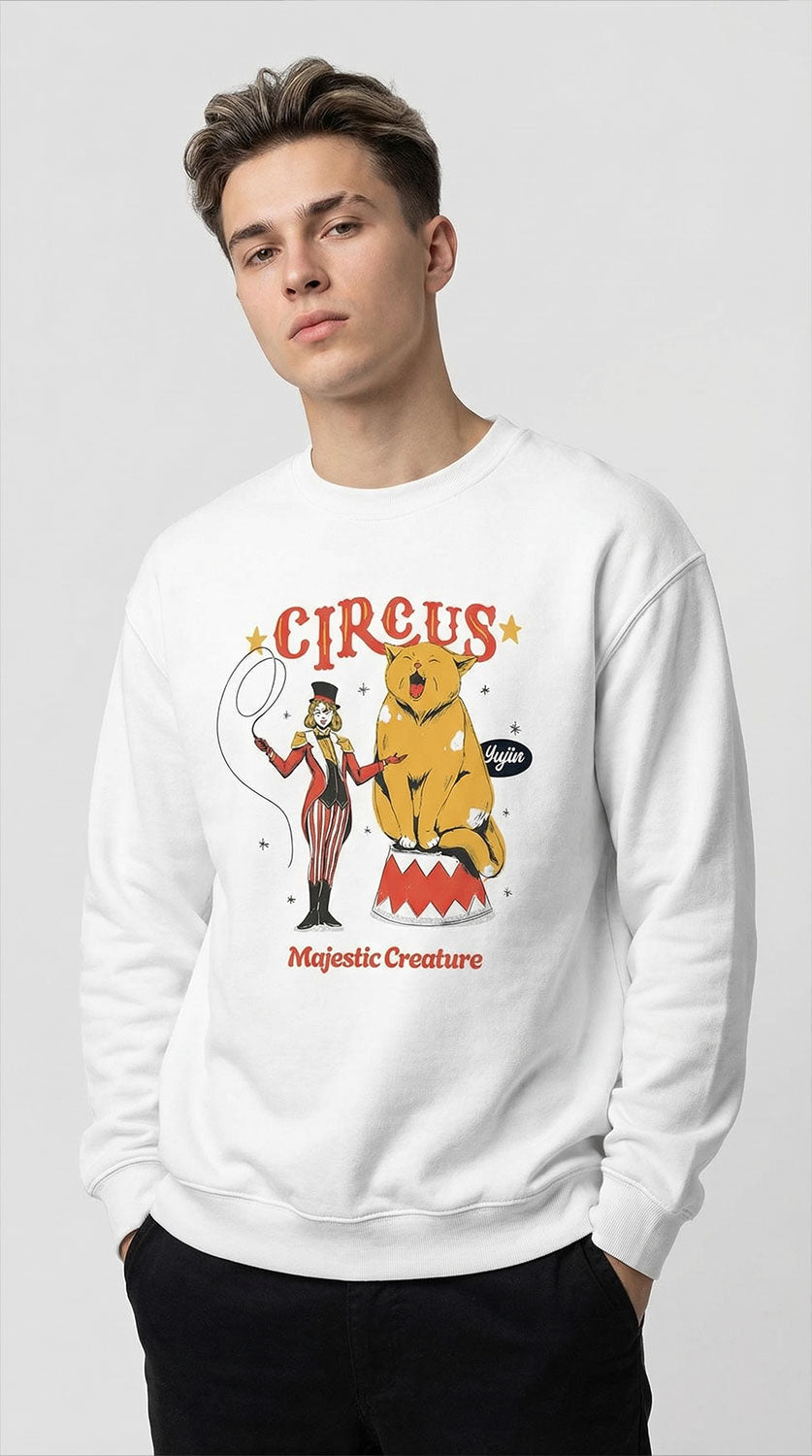 Yūjin Clothing circus cat sweatshirt featuring a colorful cat design on soft fabric, perfect for casual wear and animal lovers.