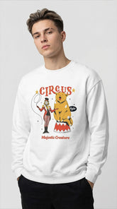 Yūjin Clothing circus cat sweatshirt featuring a colorful cat design on soft fabric, perfect for casual wear and animal lovers.
