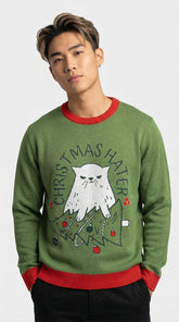 Yūjin Clothing Christmas Hater Cat sweatshirt featuring a cozy design with a cat graphic and festive holiday theme.