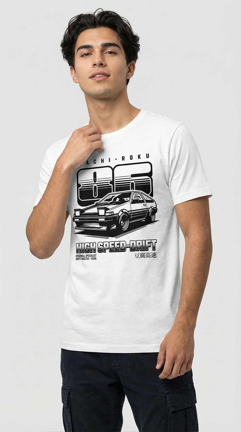 Yūjin Clothing high speed car T-shirt featuring a bold automotive graphic on a comfortable casual tee.
