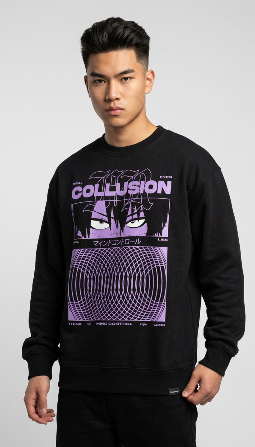 Yūjin Clothing Collusion Sweatshirt in black with a relaxed fit, featuring a bold graphic design on the front.
